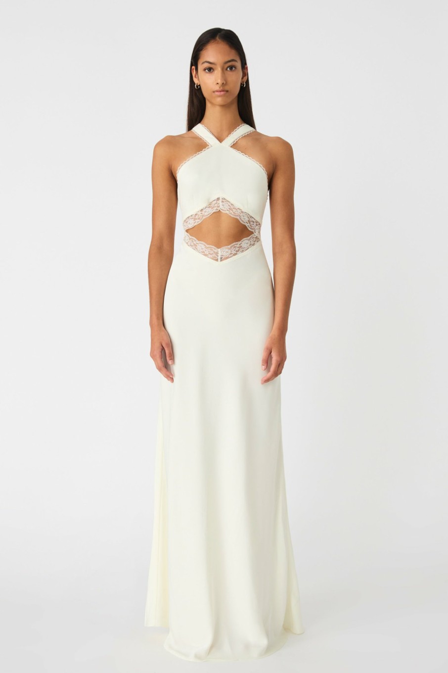 MISHA Dresses | Azalia Lace Trim Satin Maxi Dress